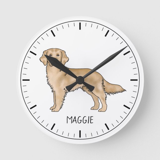 Yellow Golden Retriever Cute Dog With Custom Name Round Clock (Front)