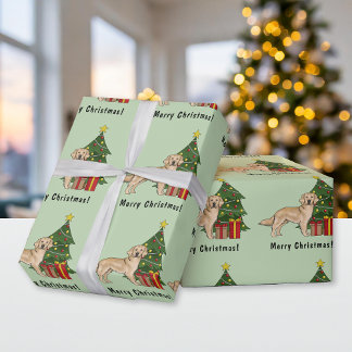 Yellow Golden Retriever Dog And Christmas Tree Wrapping Paper