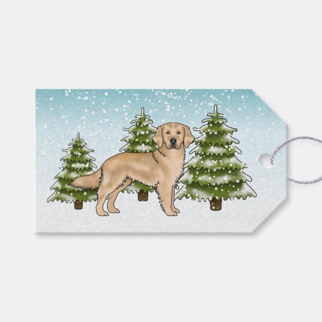 Yellow Golden Retriever Dog Blue Snowy Christmas Gift Tags (Front (Horizontal))