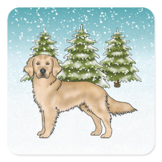 Yellow Golden Retriever Dog Blue Snowy Christmas Square Sticker