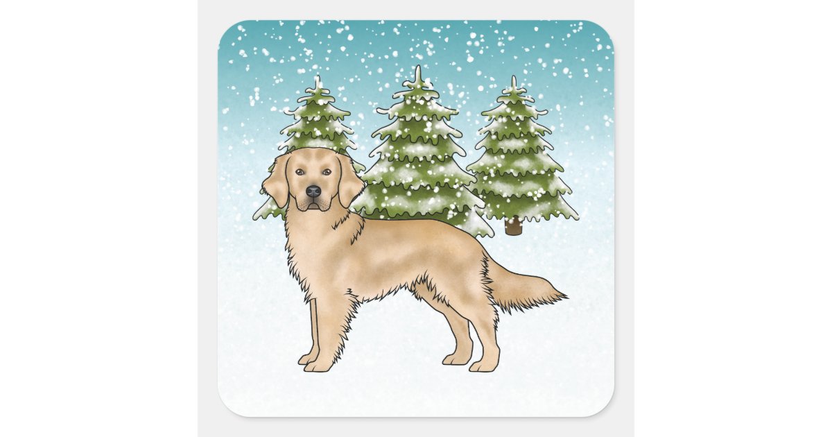 Yellow Golden Retriever Dog Blue Snowy Christmas Square Sticker | Zazzle