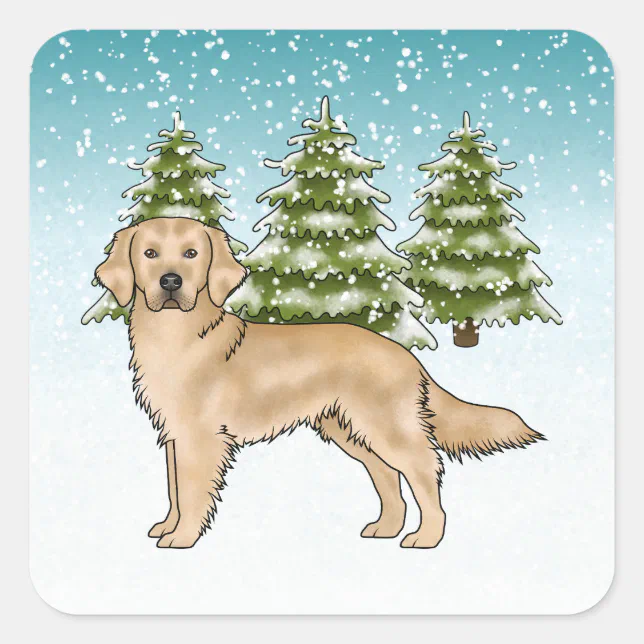Yellow Golden Retriever Dog Blue Snowy Christmas Square Sticker | Zazzle