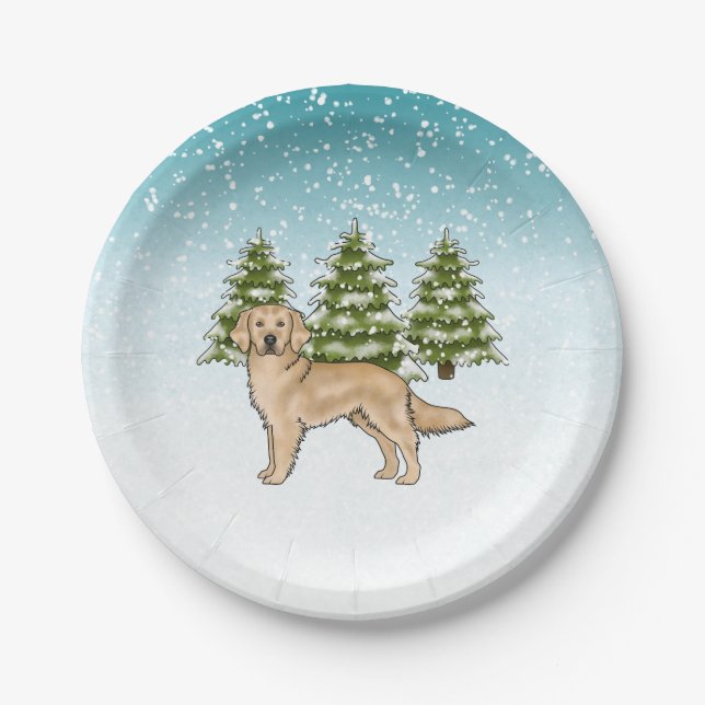 Yellow Golden Retriever Dog Blue Winter Christmas Paper Plates (Front)