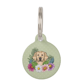 Yellow Golden Retriever Dog Colorful Flowers Green Pet ID Tag