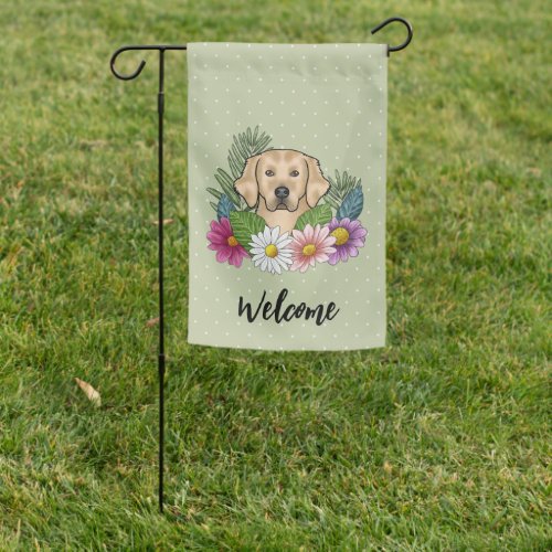 Yellow Golden Retriever Dog Flowers Welcome Green Garden Flag