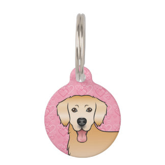 Yellow Golden Retriever Dog Head On Pink Hearts Pet ID Tag