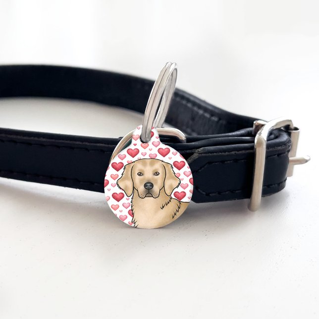 Yellow Golden Retriever Dog Head Pink Red Hearts Pet ID Tag (Front)