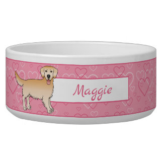 Yellow Golden Retriever Dog On Pink Hearts &amp; Name Bowl