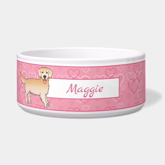 Yellow Golden Retriever Dog On Pink Hearts & Name Bowl (Front)