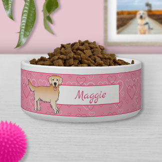 Yellow Golden Retriever Dog On Pink Hearts &amp; Name Bowl