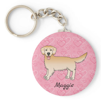 Yellow Golden Retriever Dog On Pink Hearts &amp; Name Keychain