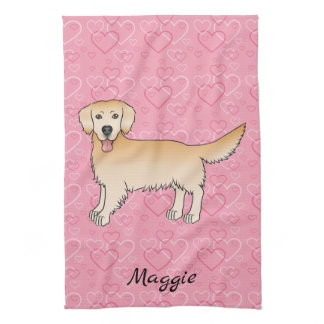 Yellow Golden Retriever Dog On Pink Hearts &amp; Name Kitchen Towel