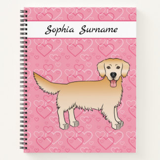 Yellow Golden Retriever Dog On Pink Hearts &amp; Text Notebook