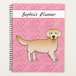 Yellow Golden Retriever Dog On Pink Hearts &amp; Text Planner