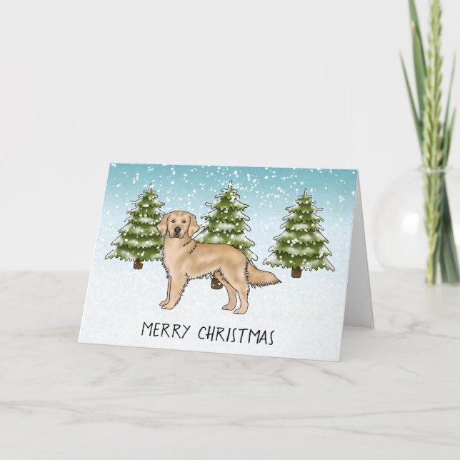 Yellow Golden Retriever Dog Winter Merry Christmas Card (Front)