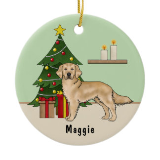 Yellow Golden Retriever Dog With Christmas Tree Ceramic Ornament