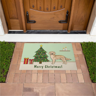 Yellow Golden Retriever Dog With Christmas Tree Doormat