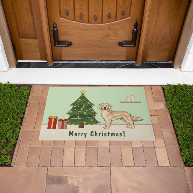 Yellow Golden Retriever Dog With Christmas Tree Doormat (Outdoor)