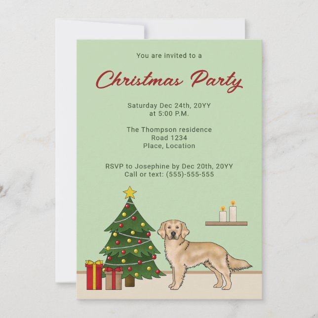 Yellow Golden Retriever Dog With Christmas Tree Invitation (Front)