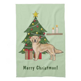 Yellow Golden Retriever Dog With Christmas Tree Kitchen Towel