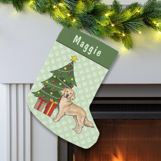 Yellow Golden Retriever Dog With Christmas Tree Small Christmas Stocking