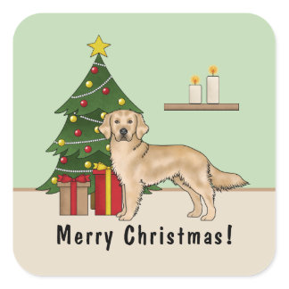 Yellow Golden Retriever Dog With Christmas Tree Square Sticker