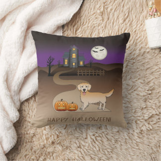 Yellow Golden Retriever &amp; Halloween Haunted House Throw Pillow