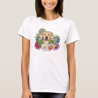 Yellow Golden Retriever Head With Colorful Flowers T-Shirt