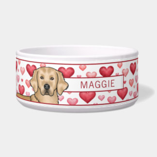 Yellow Golden Retriever Hearts Custom Pet Name Bowl