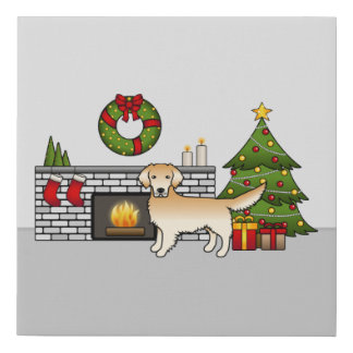 Yellow Golden Retriever In A Christmas Room Faux Canvas Print