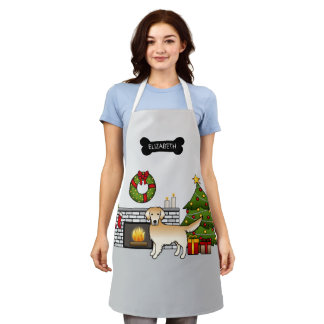 Yellow Golden Retriever In A Christmas Room &amp; Name Apron