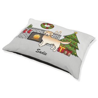 Yellow Golden Retriever In A Christmas Room &amp; Name Pet Bed