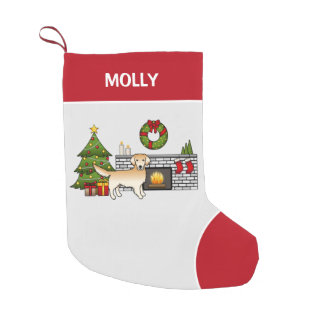 Yellow Golden Retriever In A Christmas Room &amp; Name Small Christmas Stocking