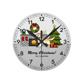 Yellow Golden Retriever In A Christmas Room &amp; Text Round Clock