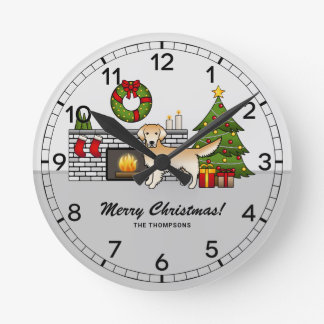 Yellow Golden Retriever In A Christmas Room &amp; Text Round Clock