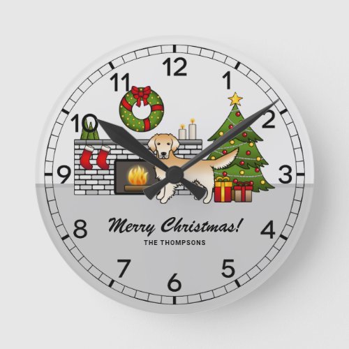 Yellow Golden Retriever In A Christmas Room  Text Round Clock
