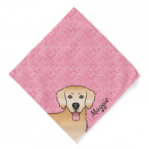 Yellow Golden Retriever On Pink Hearts And Name Bandana