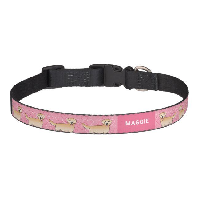 Yellow Golden Retriever On Pink Hearts And Name Pet Collar (Front)