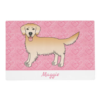 Yellow Golden Retriever On Pink Hearts And Name Placemat