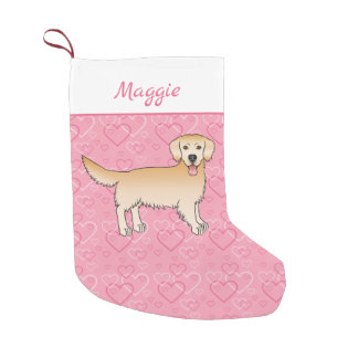 Yellow Golden Retriever On Pink Hearts And Name Small Christmas Stocking