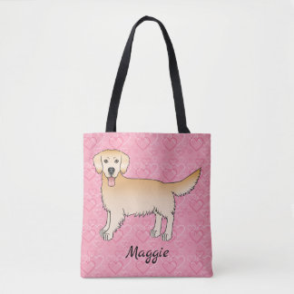 Yellow Golden Retriever On Pink Hearts With Name Tote Bag