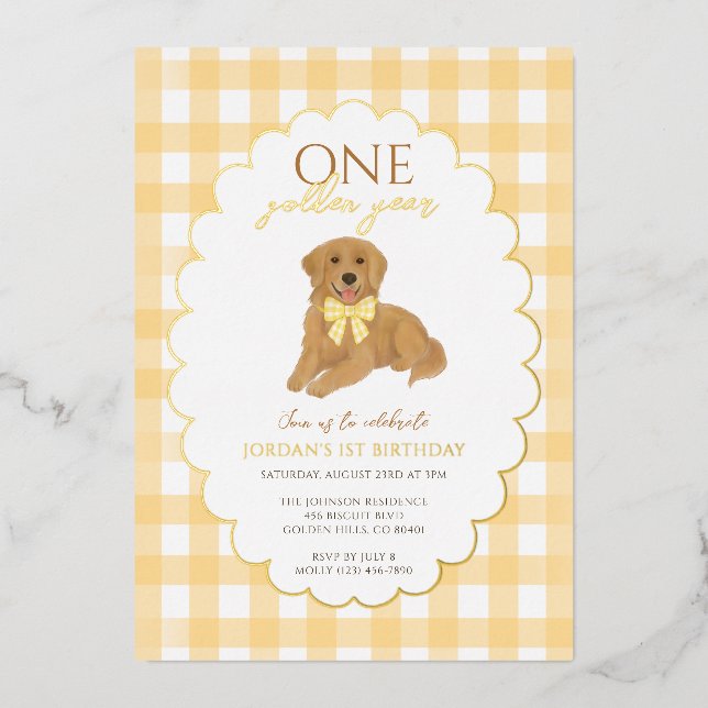 Yellow Golden Retriever Puppy Pawty 1st Birthday Foil Invitation (Front)