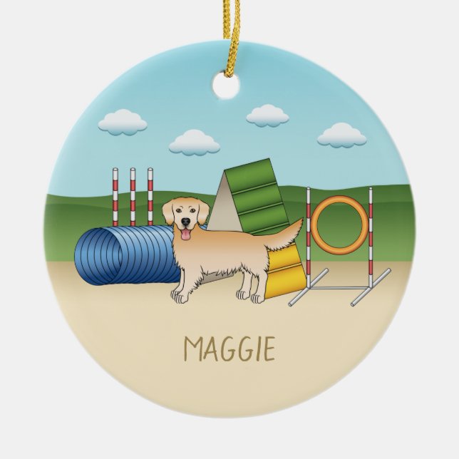 Yellow Golden Retriever With Agility Equipment Ceramic Ornament (Front)