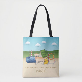 Yellow Golden Retriever With Agility Equipment Tote Bag