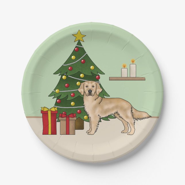 Yellow Golden Retriever With Christmas Tree Green Paper Plates (Front)