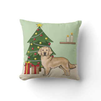 Yellow Golden Retriever With Christmas Tree Throw Pillow