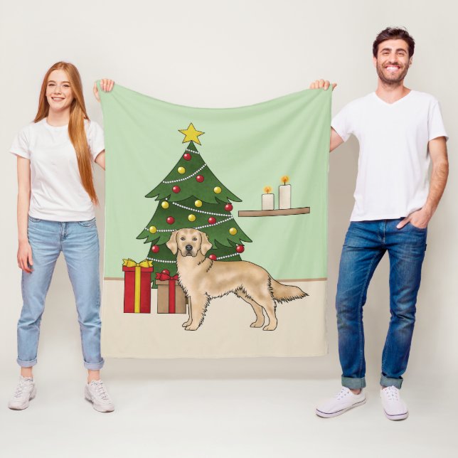 Yellow Golden Retriever With Green Christmas Tree Fleece Blanket (In Situ)