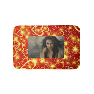 Yellow Golden Sparkling Hearts on red background Bath Mat