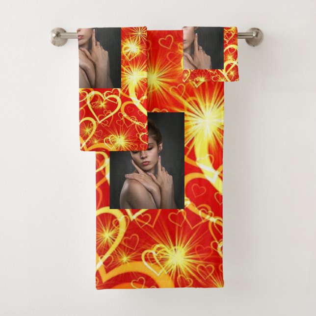 Yellow Golden Sparkling Hearts on Red Background  Bath Towel Set (Insitu)