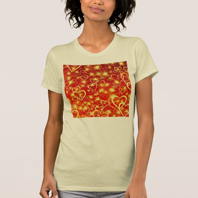 Yellow Golden Sparkling Hearts on Red Background T-Shirt (Front)